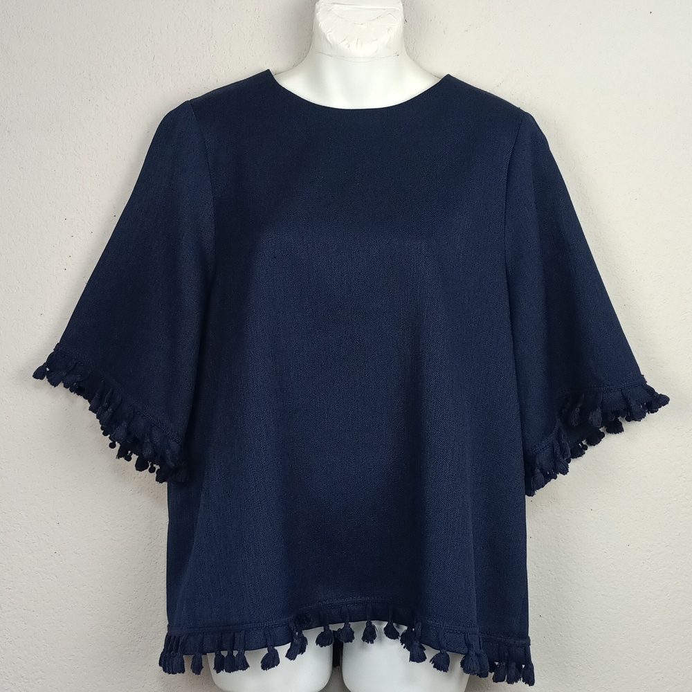 Blaque Label Women's Navy Blue Tassel Trim Lagenlook Boho Blouse sz L